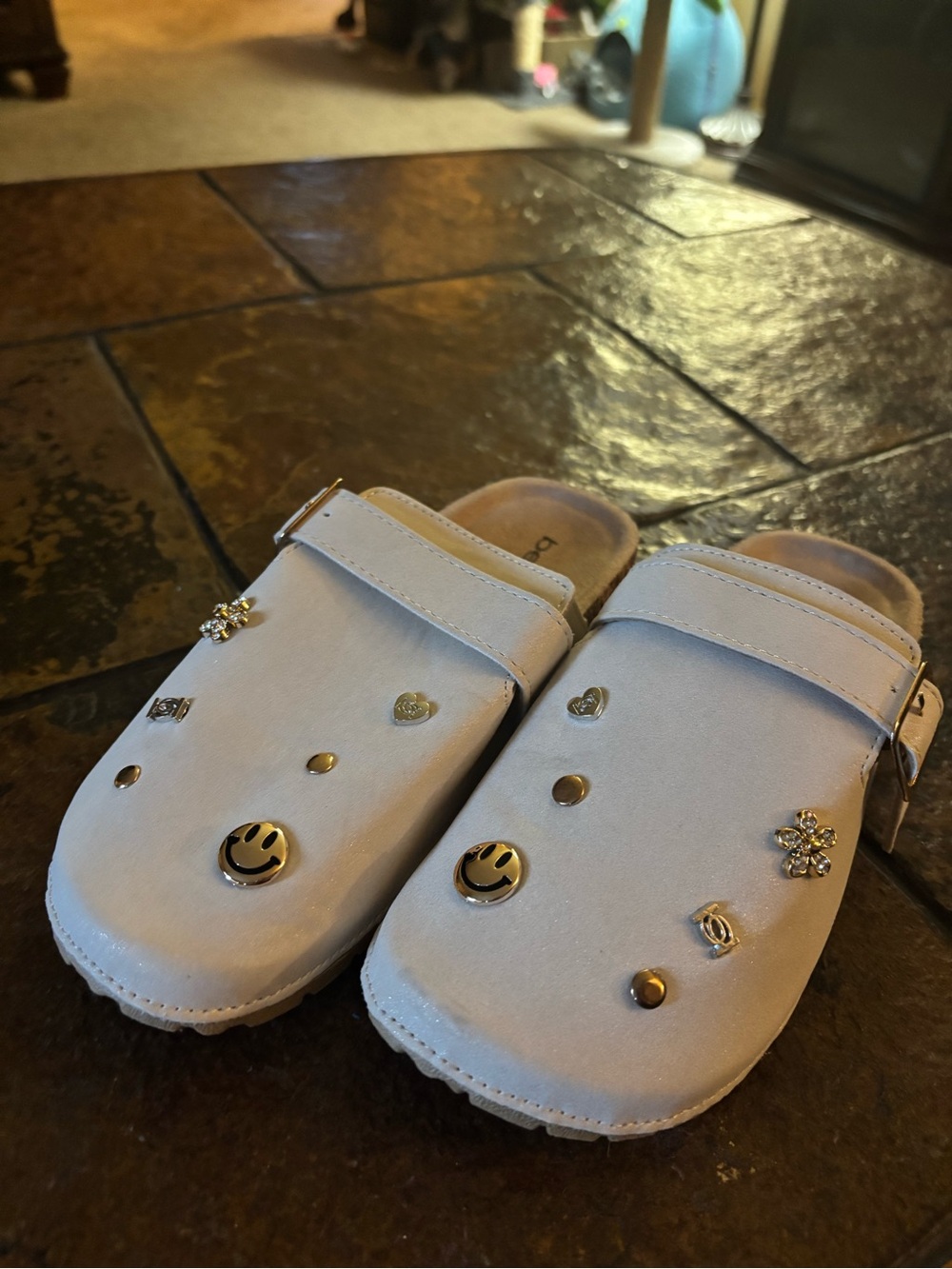 bebe White Kids Slip-On Moccasins with Gold Charm Details